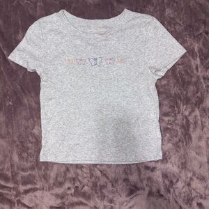 American Eagle Outfitters Light Gray Crop Top with Butterfly Accents